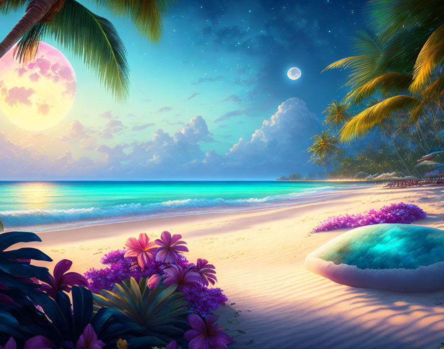 Twilight beach scene with purple flowers, palm trees, and celestial bodies