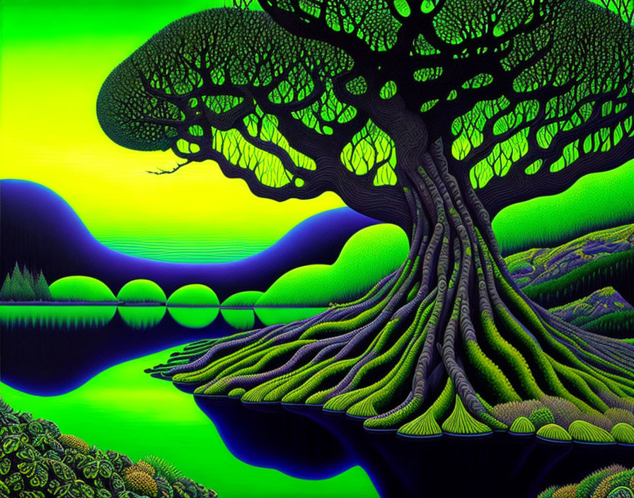 Colorful Psychedelic Landscape with Oversized Tree and Rolling Hills