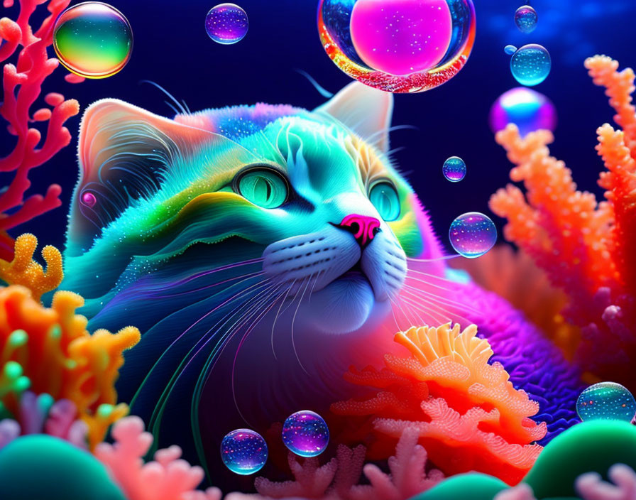 Colorful Neon-Lit Cat in Underwater Coral Reef Scene