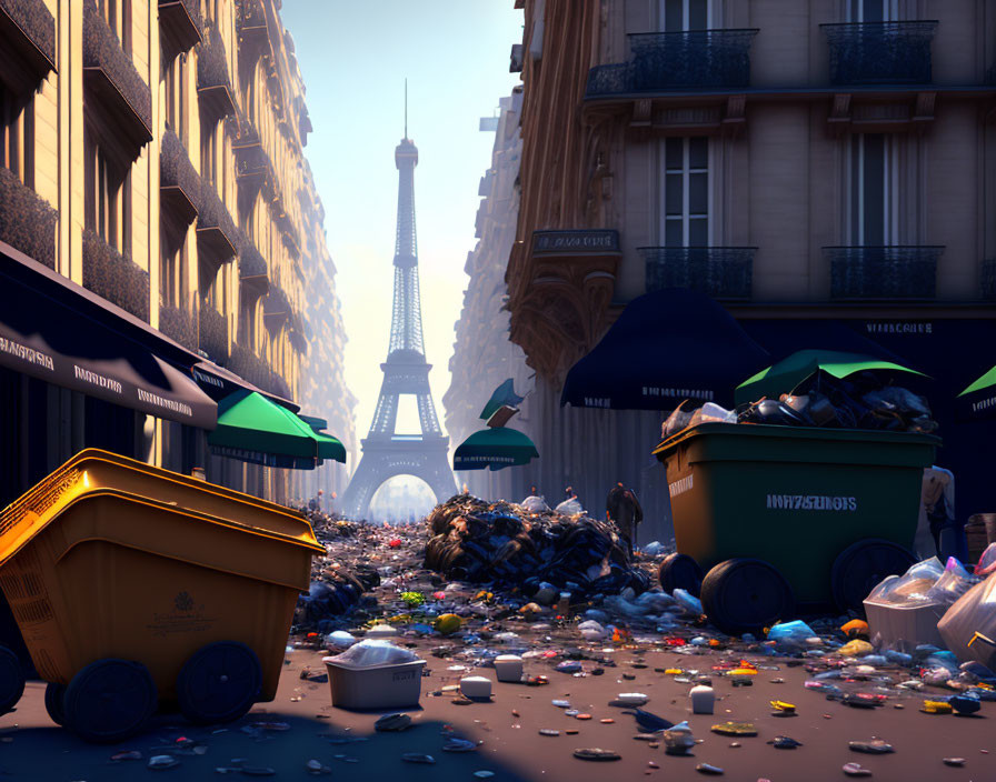 Paris Street Scene: Overflowing Bins with Eiffel Tower Background