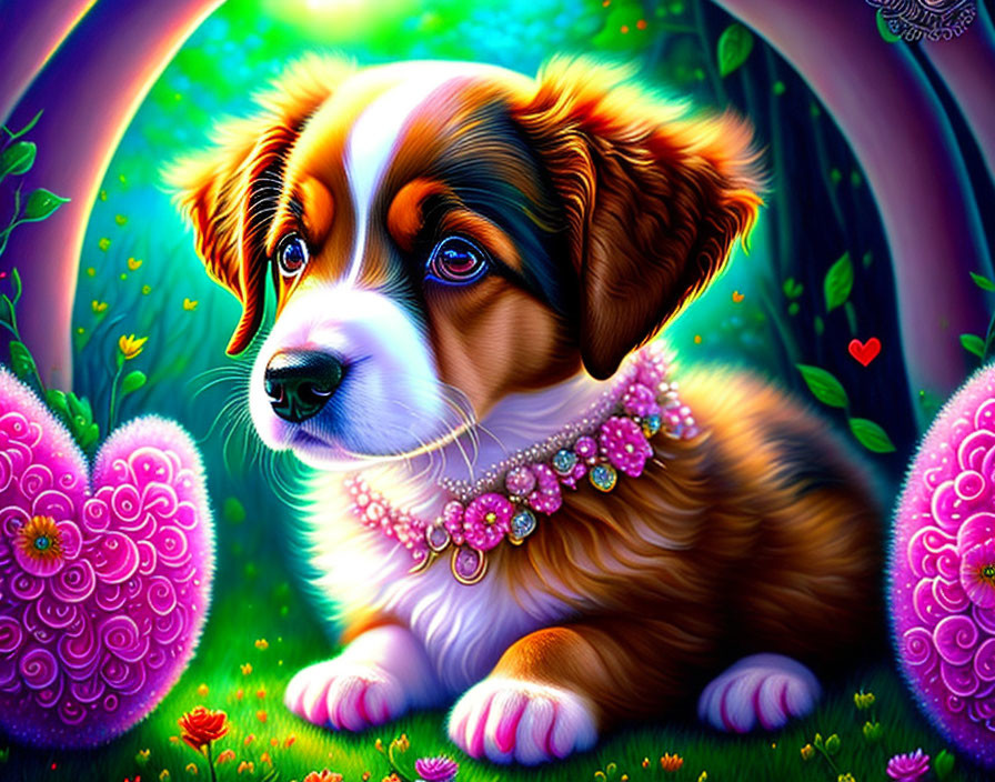 Illustration of a Brown and White Puppy in Colorful Garden