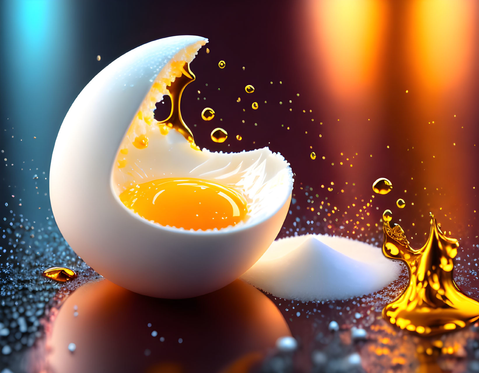 Cracked egg with vibrant yolk on reflective surface, droplets, and warm bokeh background.