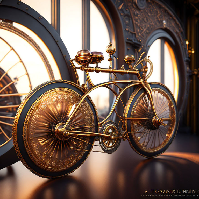 Steampunk-inspired ornate bicycle with intricate metalwork and gears in a room with round windows.