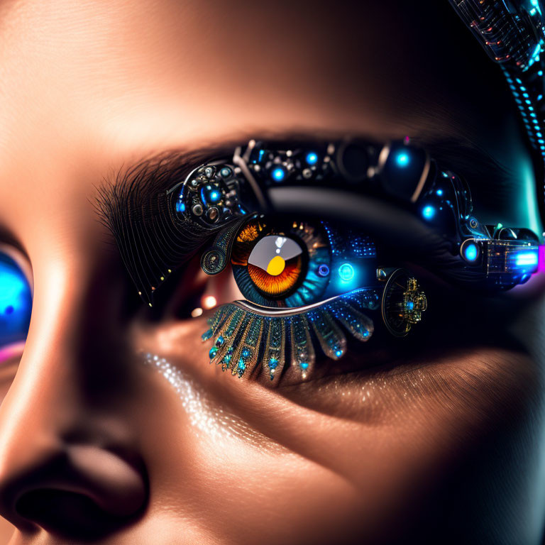 Cybernetic eye integrated into woman's face with advanced technology and vibrant blue lights