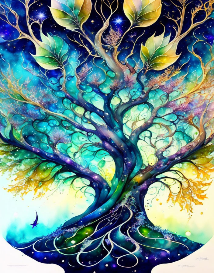 Colorful Whimsical Tree Painting Against Cosmic Background