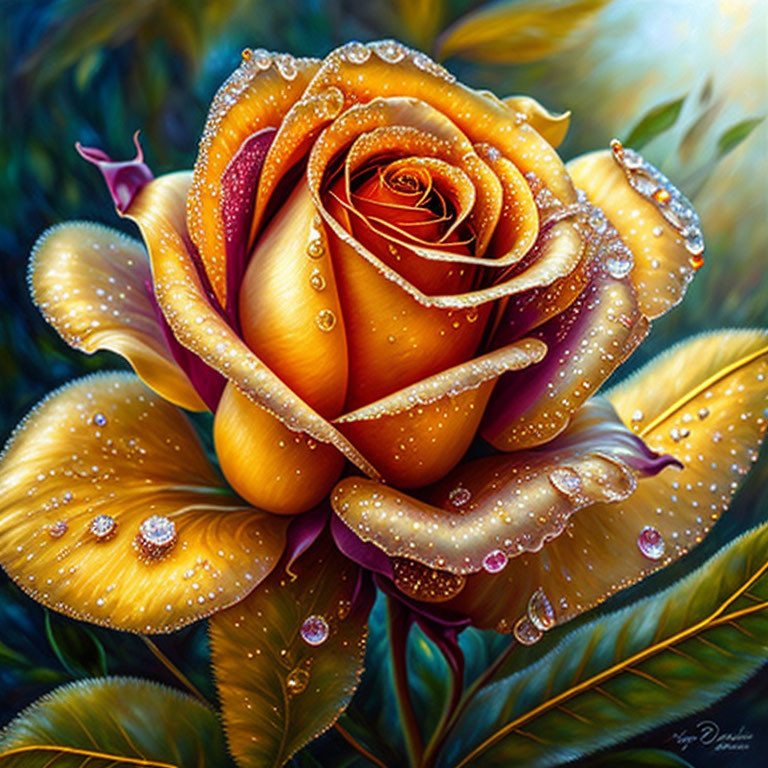 Vibrant Orange-Yellow Rose with Dew Drops in Lush Greenery