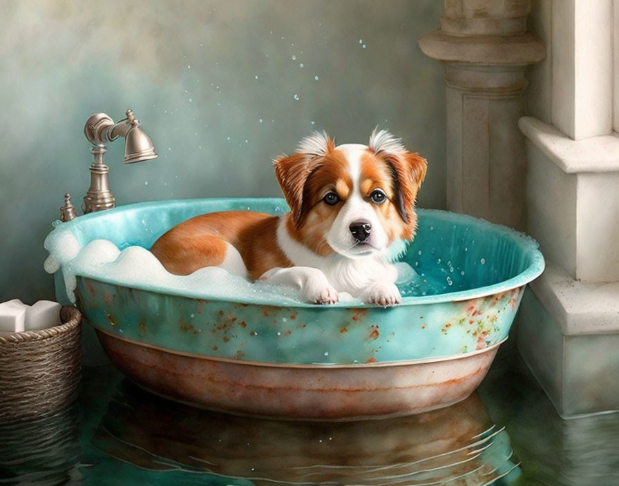 Fluffy brown and white puppy in vintage bathtub with bubbles