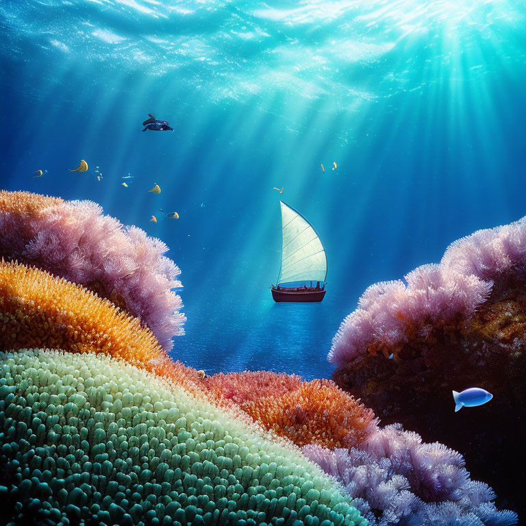 Sailboat sailing over vibrant coral reef with fish under sunrays