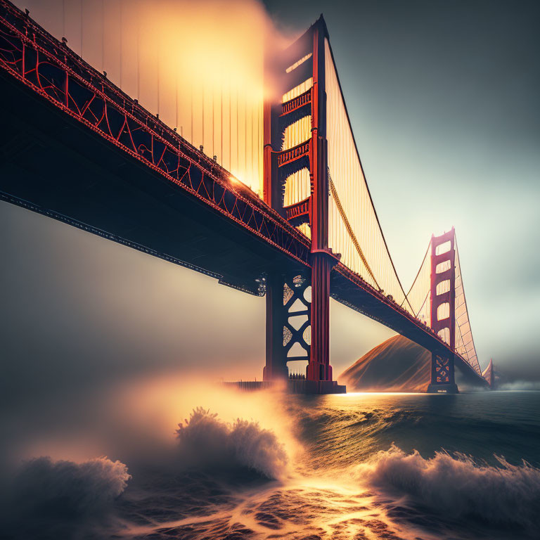 Golden Gate Bridge at sunset with fog and ocean waves.