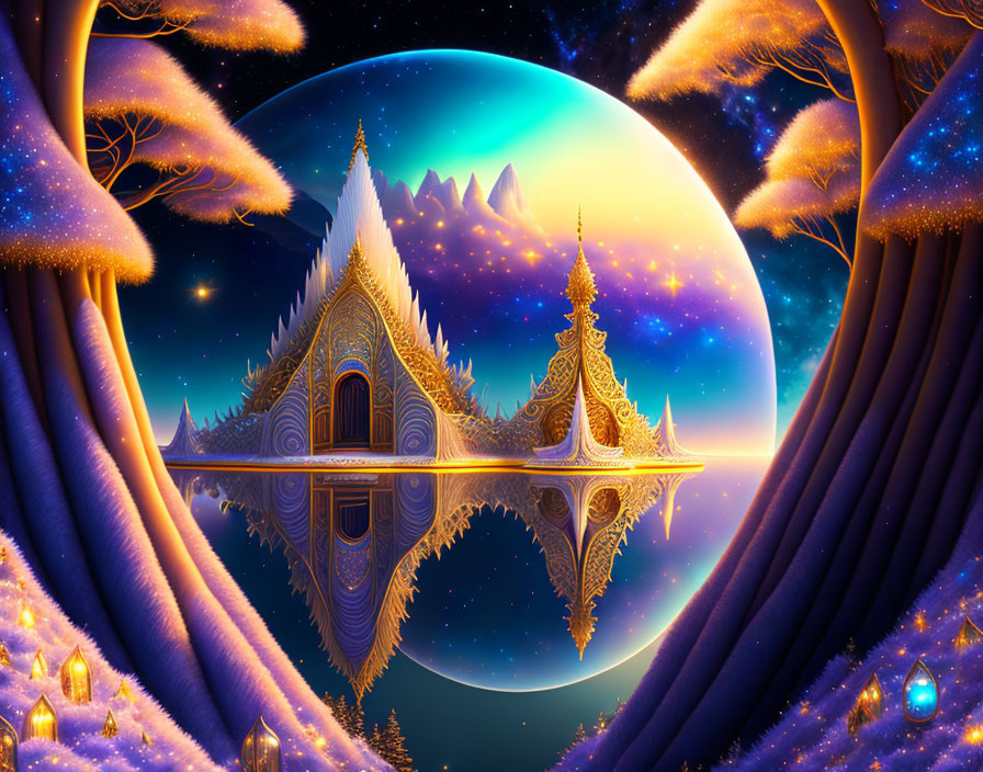 Fantastical landscape with glowing trees, golden castle, and full moon