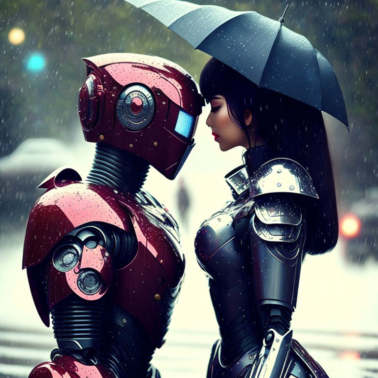 Woman under umbrella in rain with red humanoid robot