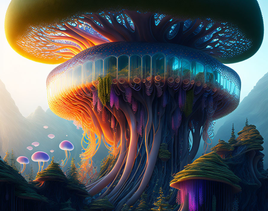 Vibrant bioluminescent mushrooms in magical forest landscape