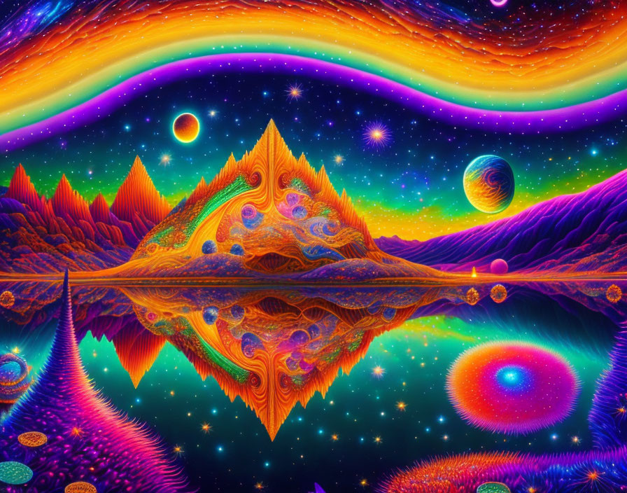 Colorful Psychedelic Landscape with Mirrored Mountains and Celestial Bodies