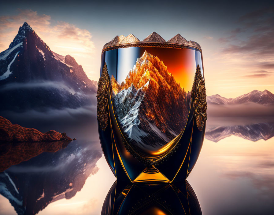 Majestic mountain landscape reflected in decorative glass