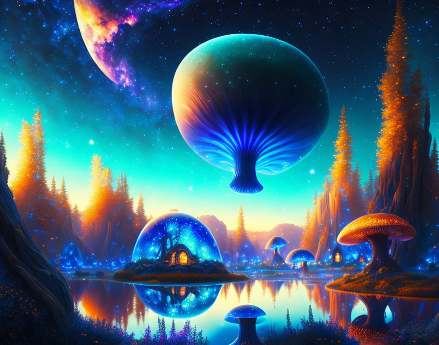 Luminous landscape with giant mushrooms and fantastical planets