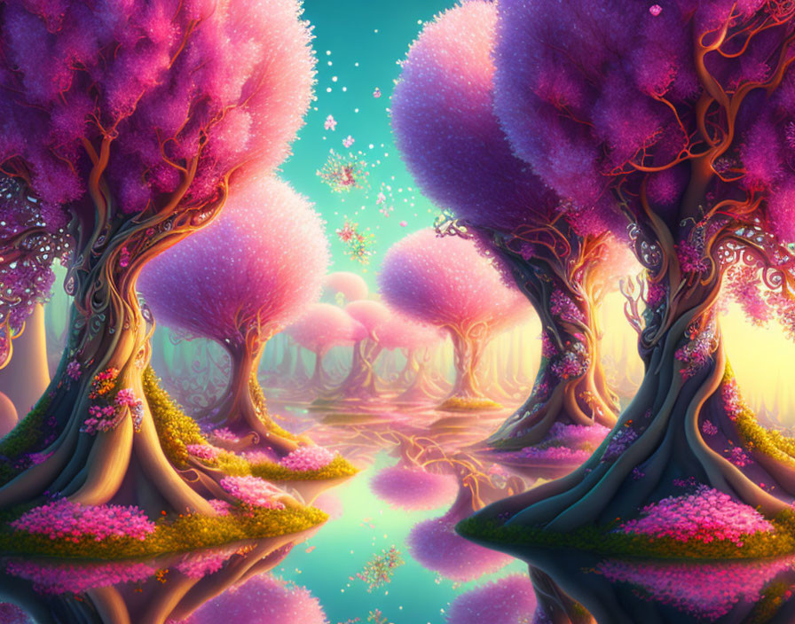 Fantasy Landscape with Pink Foliage and Twisting Trees