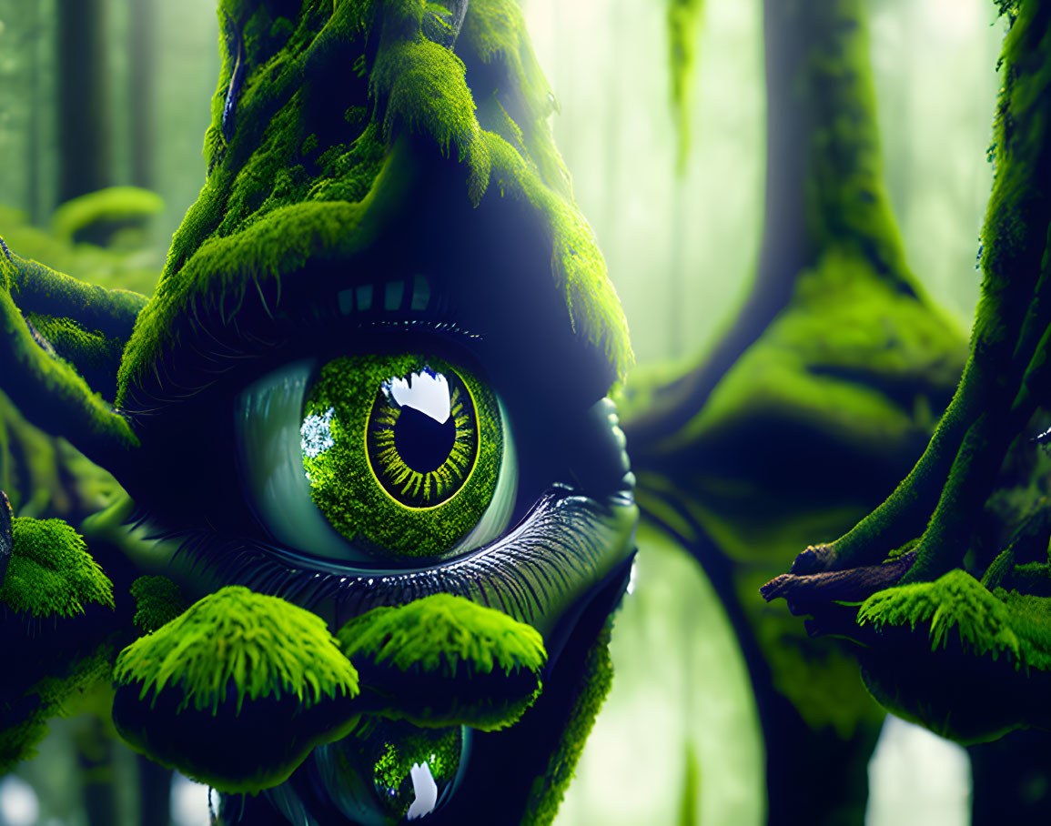 Green eye among moss-covered branches in lush forest