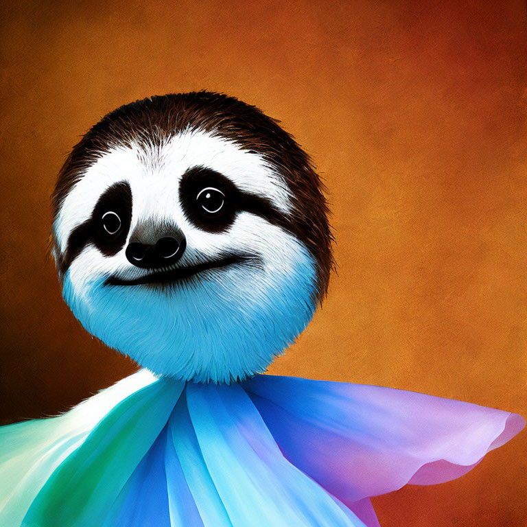 Smiling sloth with blue neck ruffle on textured background