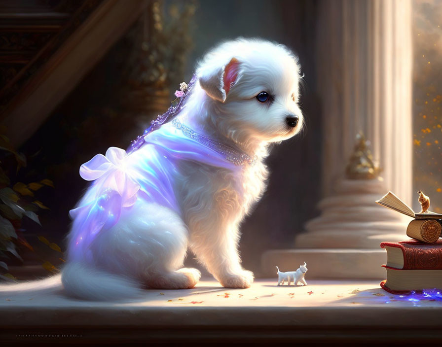 Fluffy white puppy with purple ribbon and flowers in sunlit room