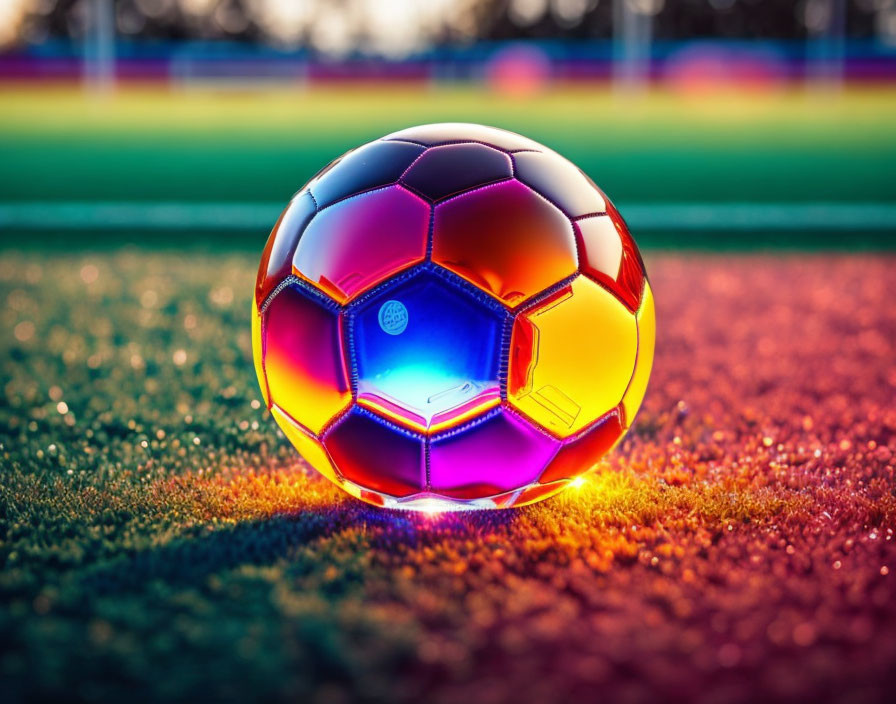 Iridescent Soccer Ball on Green Turf at Sunset