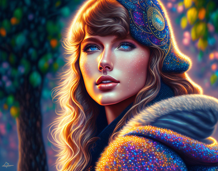 Digital portrait of woman with sparkling skin and blue eyes in colorful beanie and warm jacket against autumnal