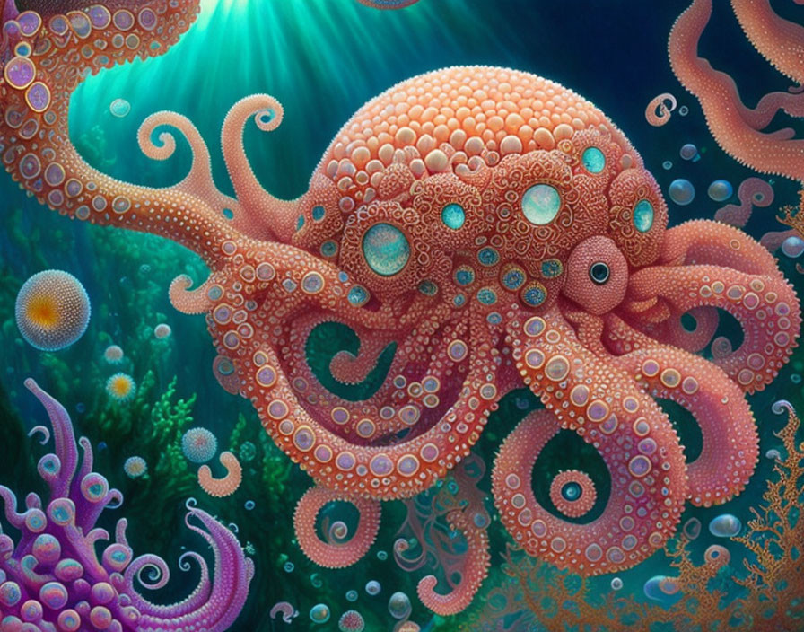 Colorful Octopus Illustration in Vibrant Underwater Scene