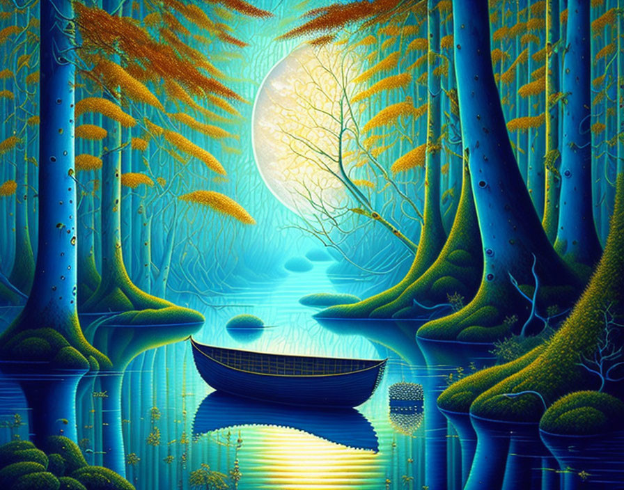 Fantasy landscape with oversized moon, blue trees, serene lake, and solitary boat