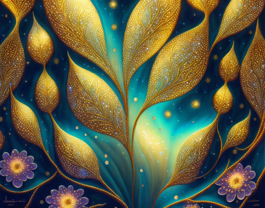 Golden leaves and flowers on blue cosmic background: Magical nature illustration