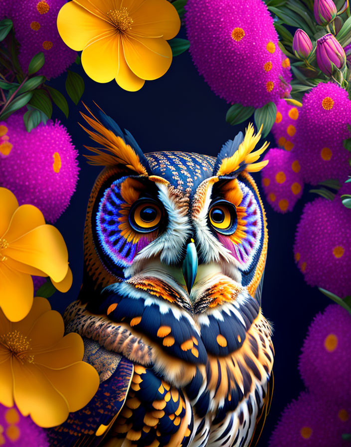 Colorful Owl Artwork with Bright Flowers on Dark Background