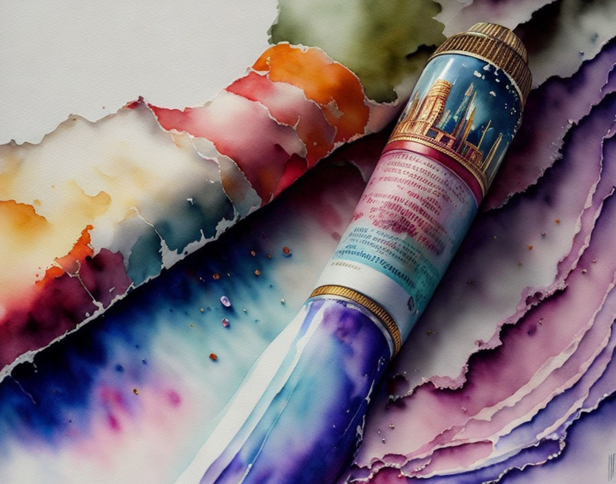 Colorful watercolor painting: intricate pencil design on abstract cityscape background