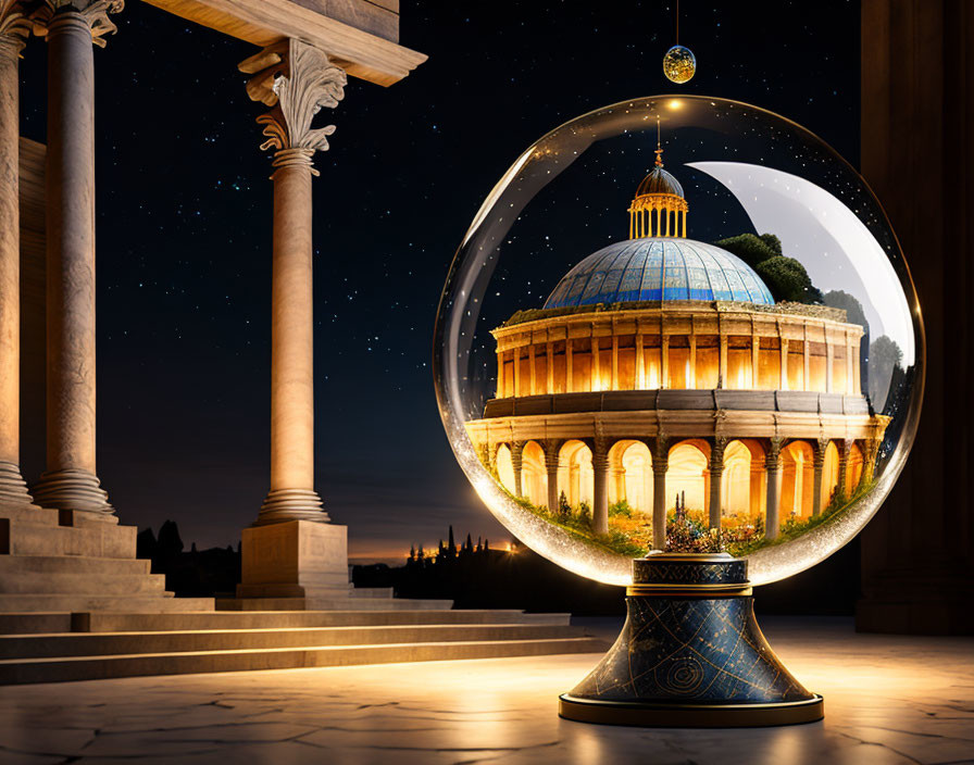 Snow globe with grand illuminated building under starry sky on serene night