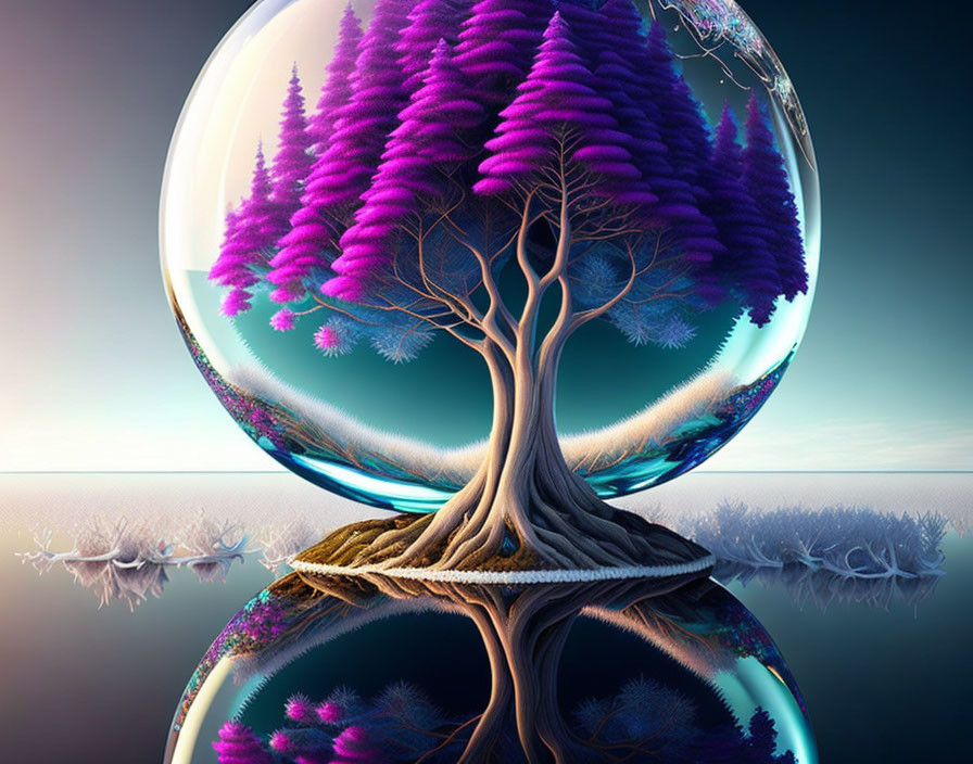 Surreal image of purple foliage tree on floating island with mirrored spheres