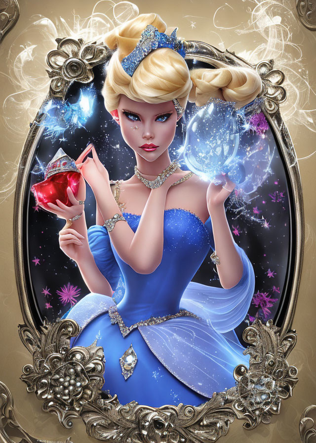 Stylized illustration of fairy tale princess with glowing apple and orb in ornate border