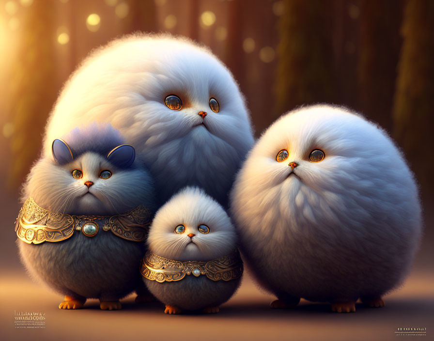 Four fluffy, round cat-like creatures with large eyes in a forest setting