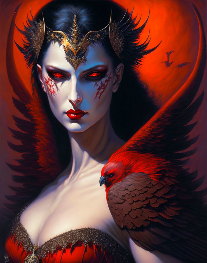 Fantasy woman with red eyes and golden crown holding a red-feathered bird on red backdrop