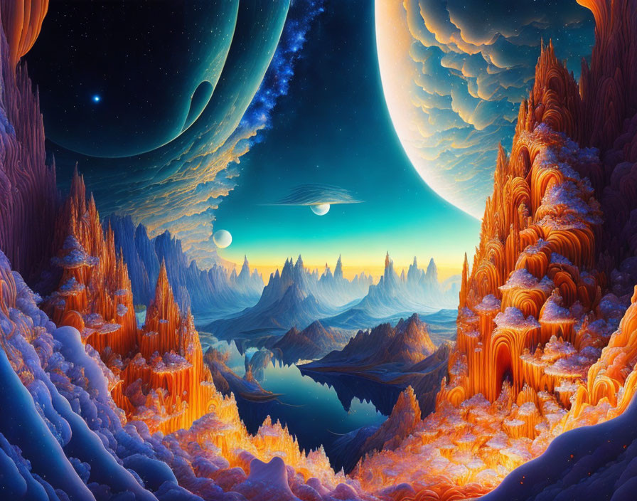 Fantastical orange structures in a digital art landscape