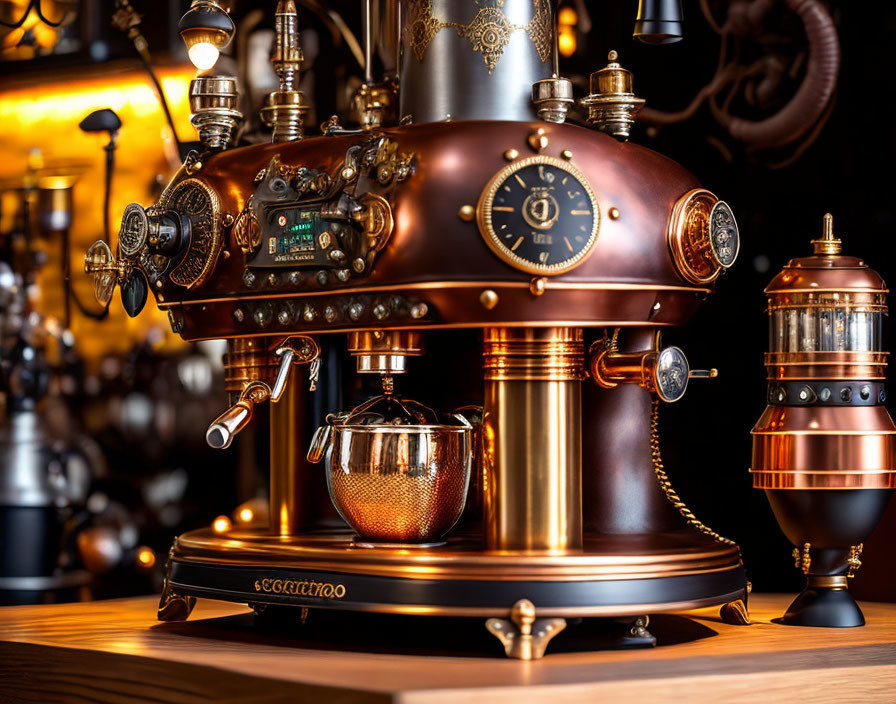 Vintage Copper Espresso Machine with Intricate Details and Gauges in Warm Café Ambiance