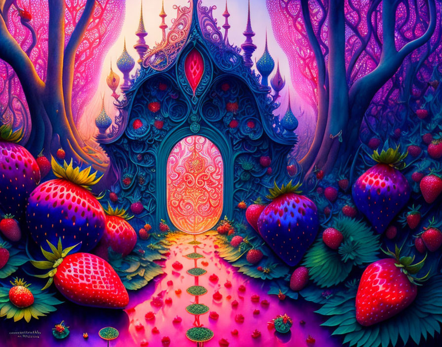 Fantasy landscape with ornate door, pink-purple trees, and giant strawberries