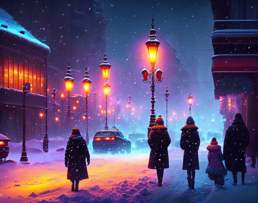 Snowy Night Street Scene with People, Cars, and Buildings