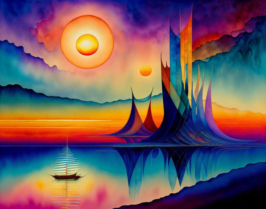 Surreal landscape with towering structures, celestial orbs, and sailboat