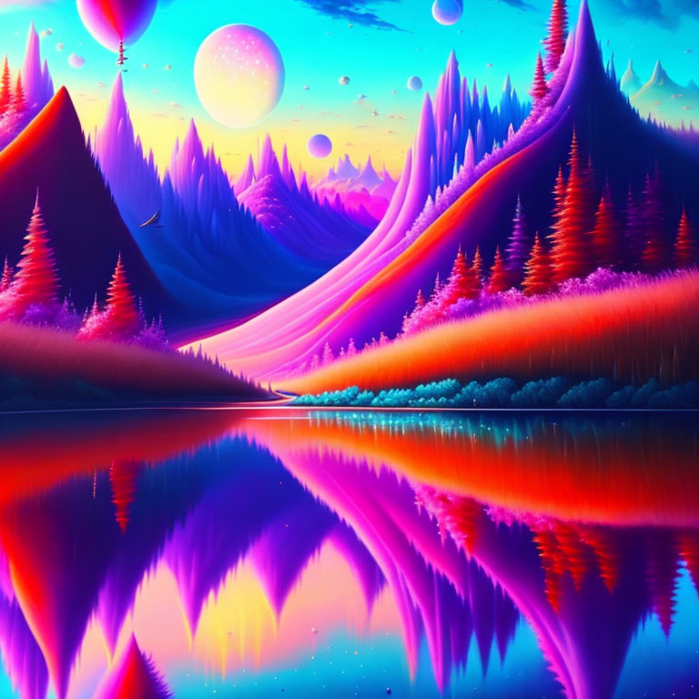 Colorful Surreal Landscape with Neon Trees, Mountains, and Multiple Moons