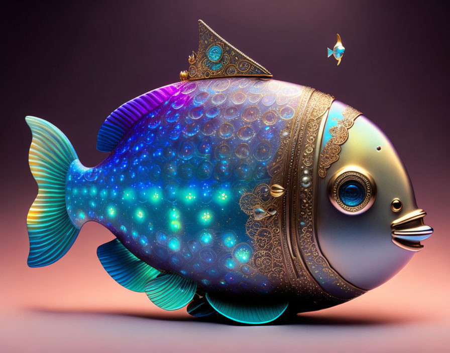 Colorful Ornate Fish with Patterned Body and Glowing Scales on Gradient Background