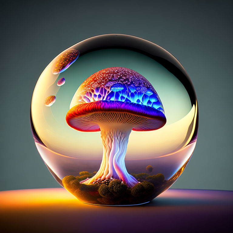 Colorful Mushroom Encased in Bubble with Gradient Background