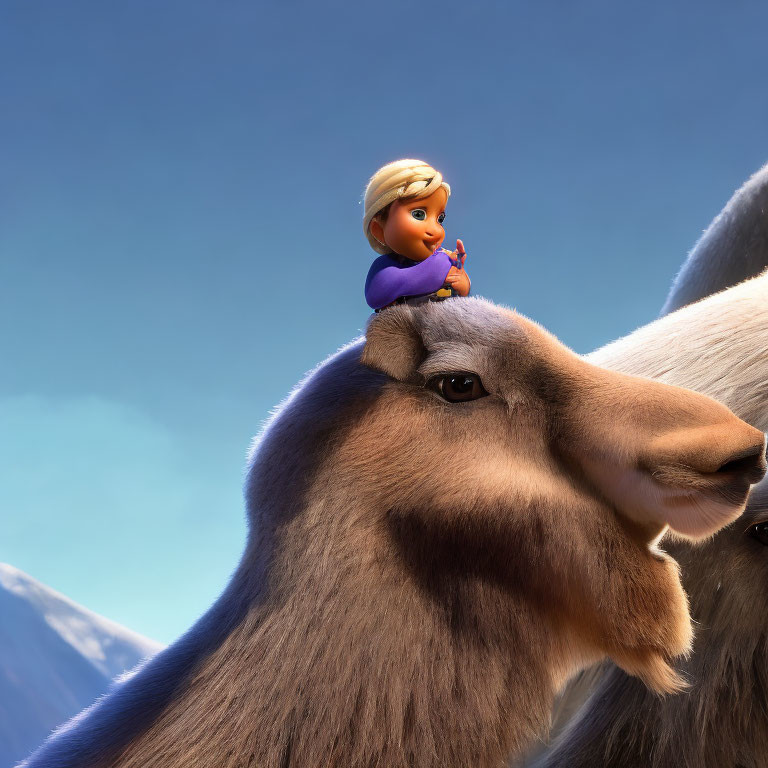 Blonde girl and reindeer in serene mountain landscape