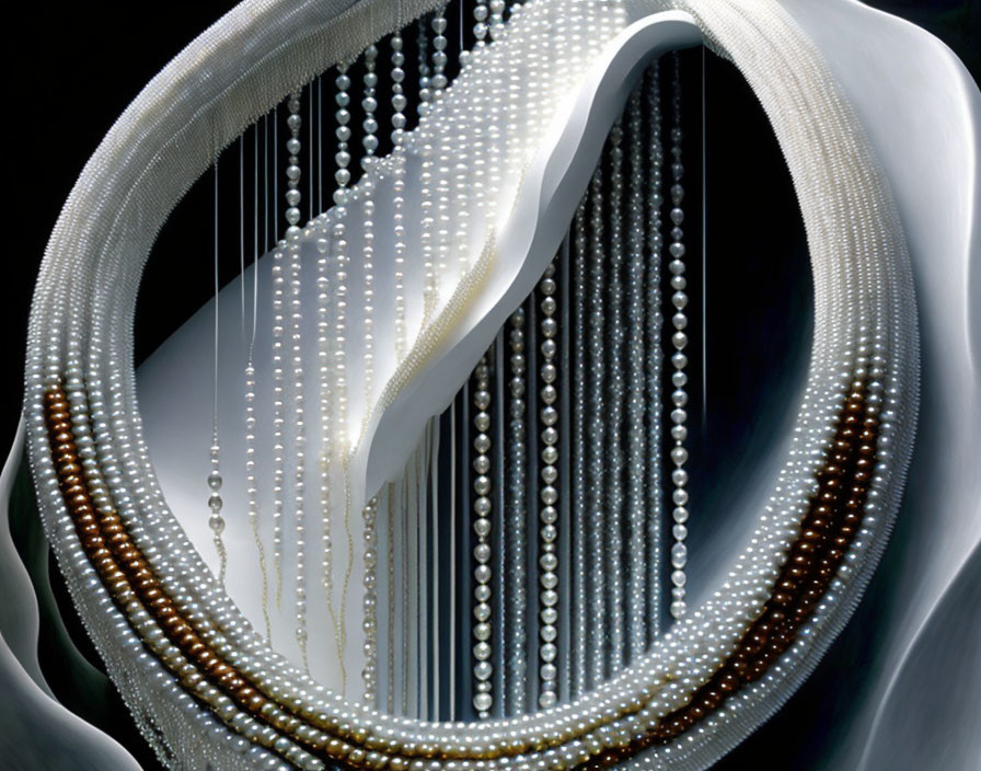 Circular illuminated frame with cascading pearls: a mesmerizing art installation