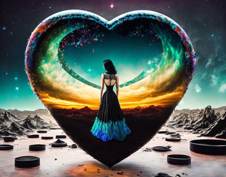 Woman in flowing dress at surreal heart-shaped portal with sunset view