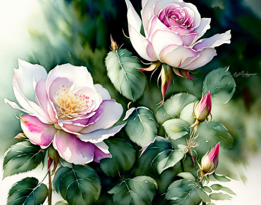 Delicate watercolor painting of blooming roses in soft pink hues