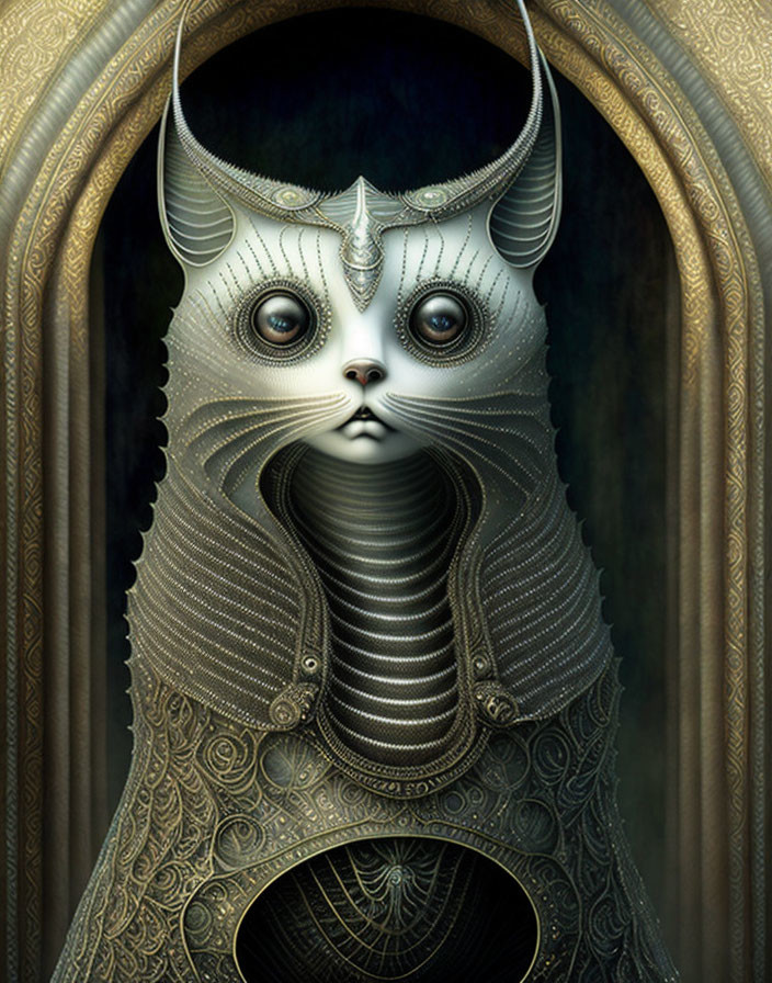 Stylized cat digital art with ornate patterns in architectural setting