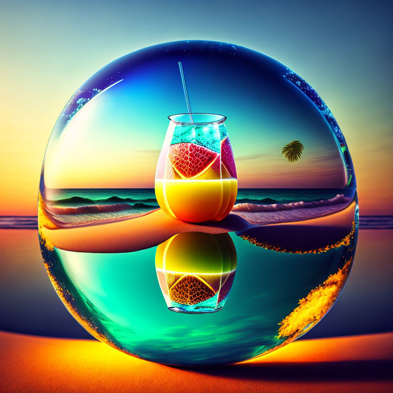 Colorful Digital Artwork: Cocktail Glass in Reflective Sphere with Surreal Sunset Beach Scene