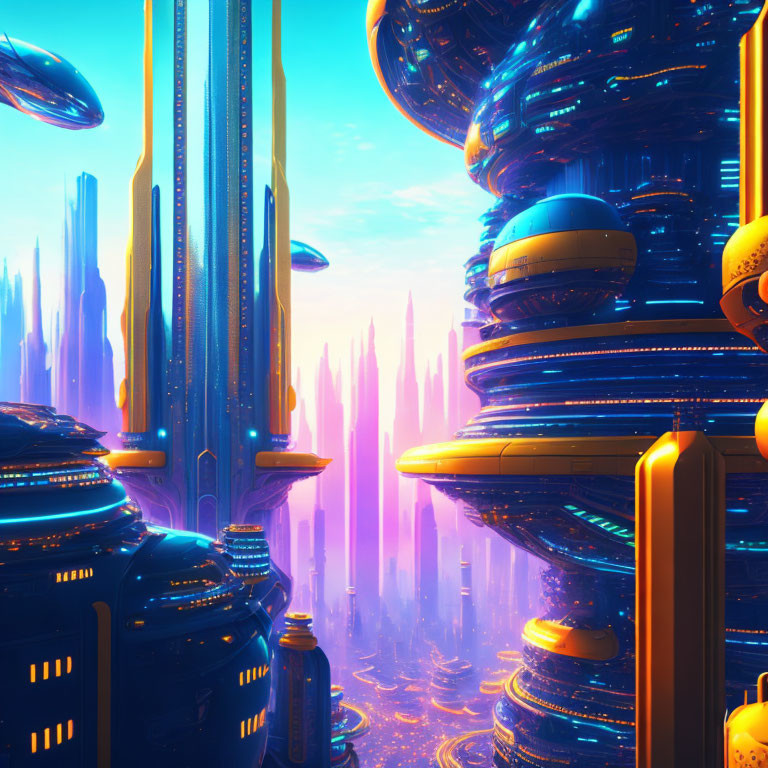 Futuristic blue skyscrapers in a radiant pink sky